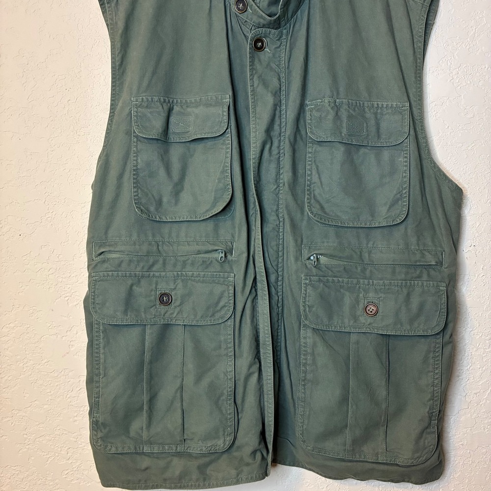 Woolrich Mens XL Safari Utility Vest Olive Green Cotton Multi Pocket Cinch Back - Picture 6 of 15